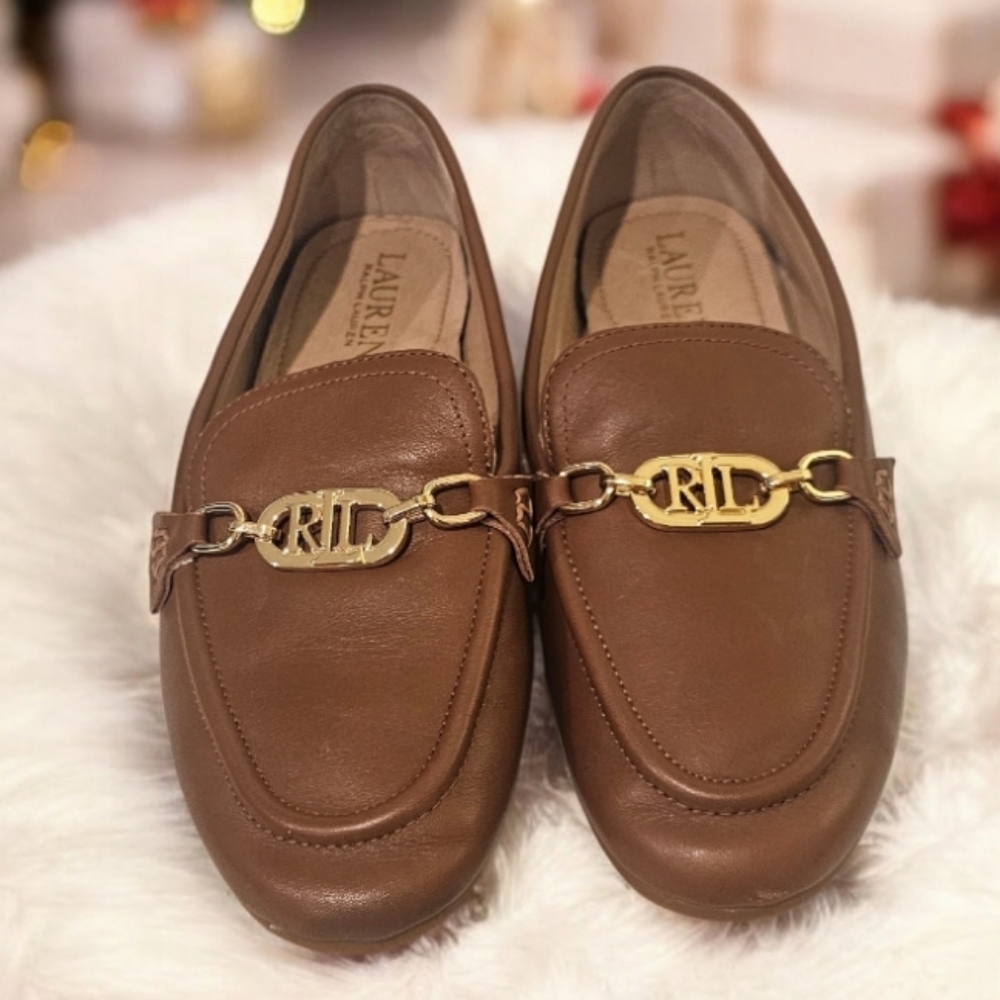 Lauren Ralph Lauren Slip On Tan Genuine Leather Slip Ons with Gold Emblem Size 6
